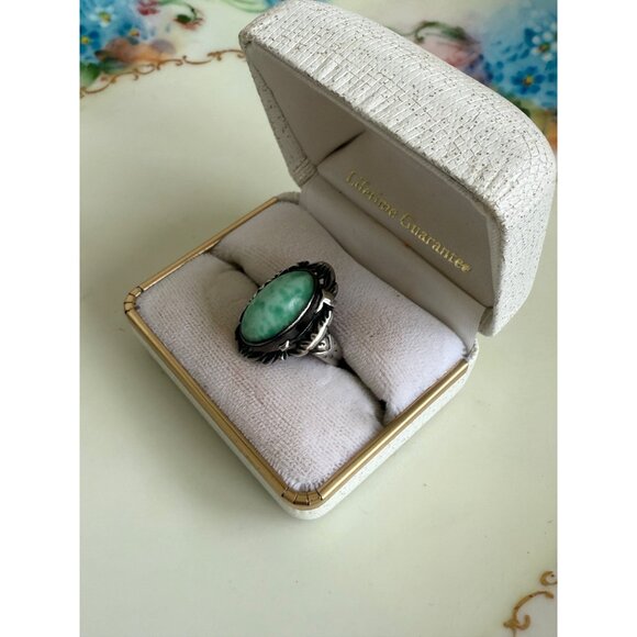 Art Deco 30's Sterling Silver Ring Green Speckled Peking Glass Size 6.25 - Picture 2 of 10